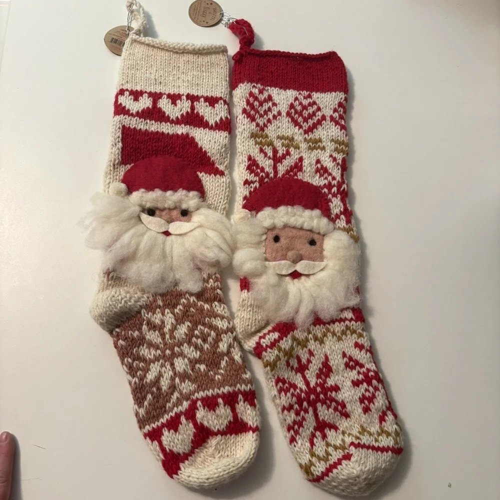 NWT PAIR SANTA Red & White Knit Wool Christmas Stockings $120 MSRP MADE IN NEPAL